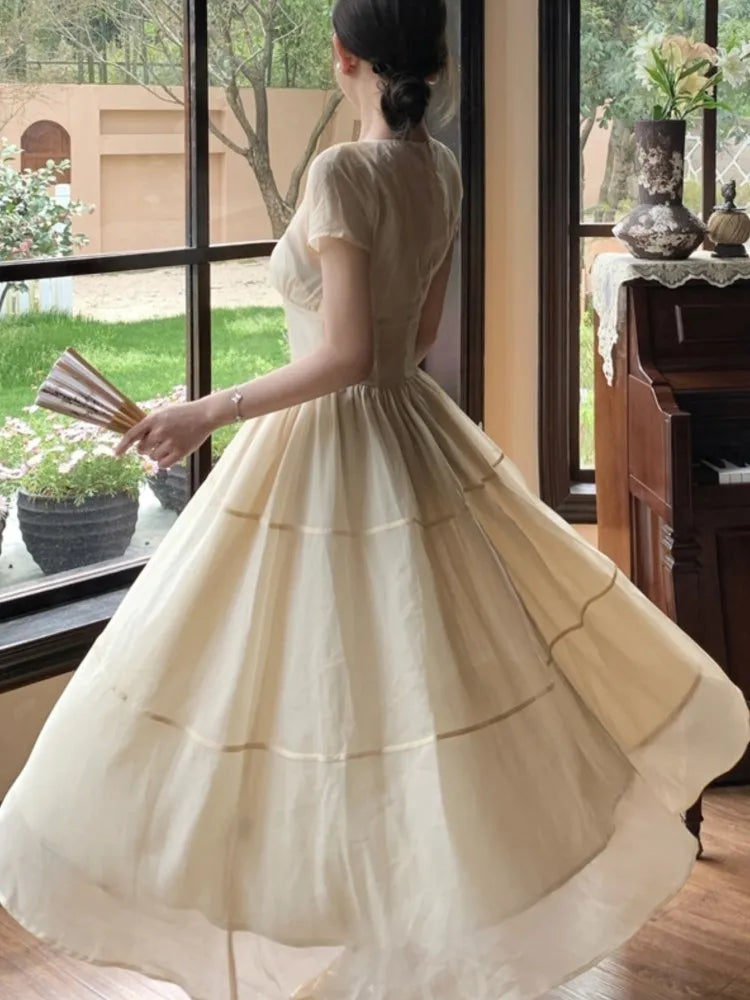 Vestidos largos elegantes para mujer, cuello en V, corte A, vestido de fiesta de cumpleaños, francés, informal, cintura alta, verano, nuevo, baile de graduación, vestidos retro para mujer