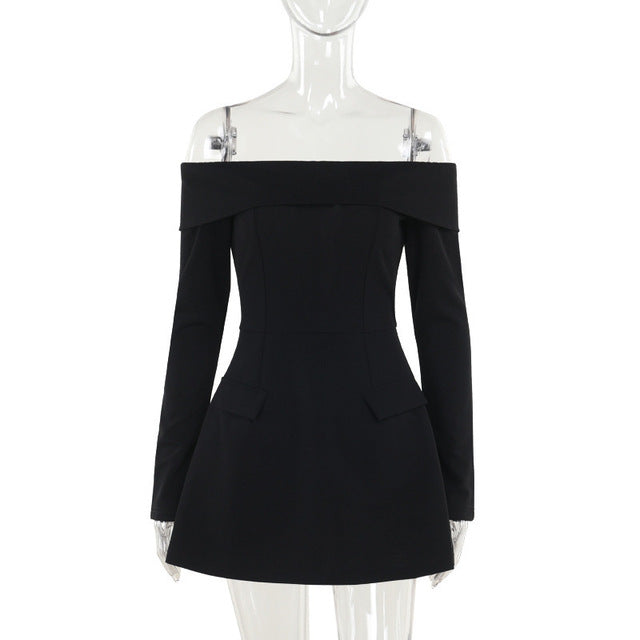 Vestido mini sexy de manga larga con hombros descubiertos para mujer, dos bolsillos, sin tirantes, espalda descubierta, corte en A, para fiesta en club, elegante