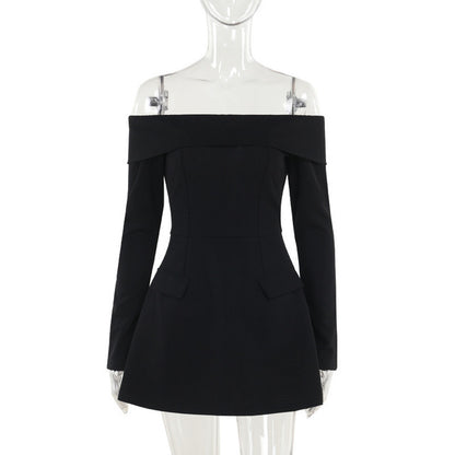 Vestido mini sexy de manga larga con hombros descubiertos para mujer, dos bolsillos, sin tirantes, espalda descubierta, corte en A, para fiesta en club, elegante