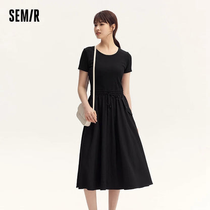 Dress Women Slim-Fit Waist-Cinching Dress  Summer New Fake Two-Piece Round Neck Midi Versatile Dress