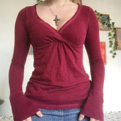 Tops Y2K para mujer, ropa de hada grunge, camiseta de manga larga con cuello en V de color sólido, ropa de calle coqueta de los años 2000