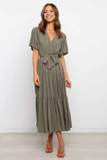 Vestidos largos con volantes de color liso de moda para mujer, sexys, con escote en V y mangas con volantes, vestido elegante con temperamento ahuecado para mujer, novedad de verano 2025