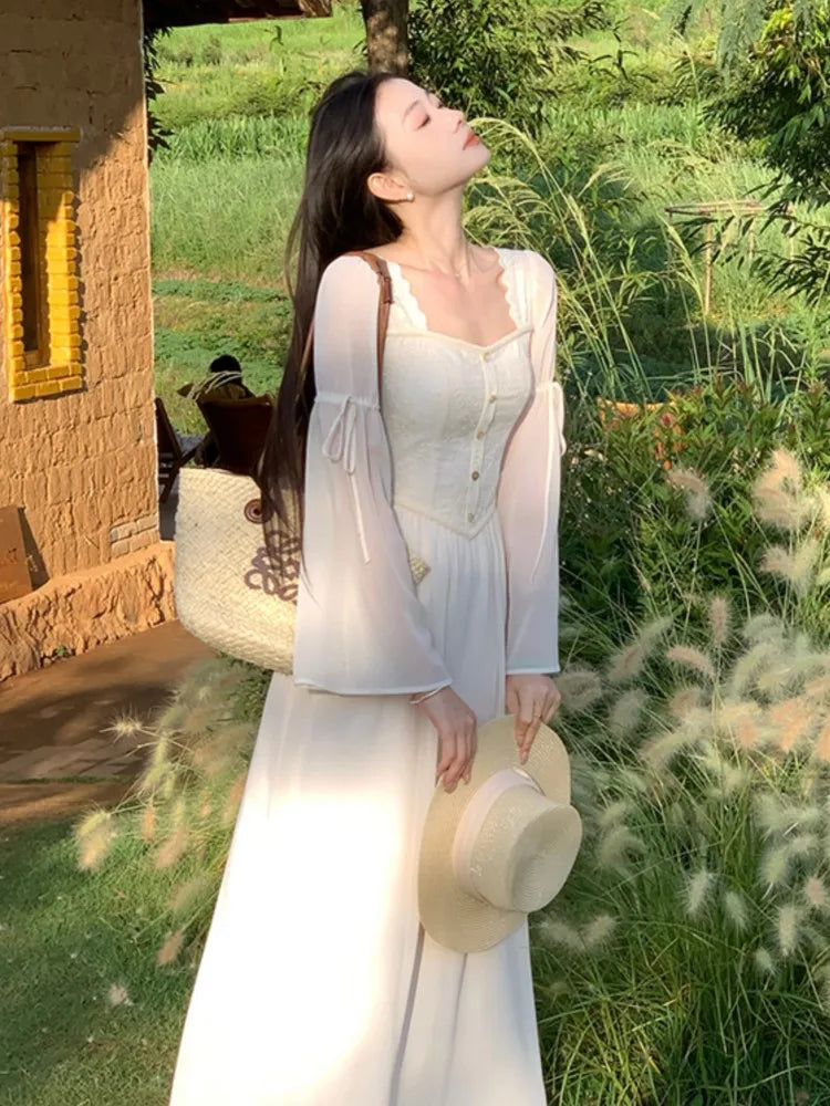 Vestidos midi franceses vintage con mangas acampanadas para mujer, cuello cuadrado, corte en A, otoño, nuevo, informal, liso, para fiesta, ropa femenina