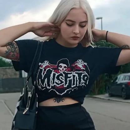 90s Harajuku printed T-shirt short sleeved tight top women’s Y2K street wear black exposed navel top