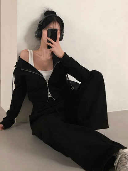 Conjunto de dos piezas de ropa de calle coreana para mujer, chándal de otoño, top corto con capucha y cremallera, pantalones largos, conjuntos casuales lisos.