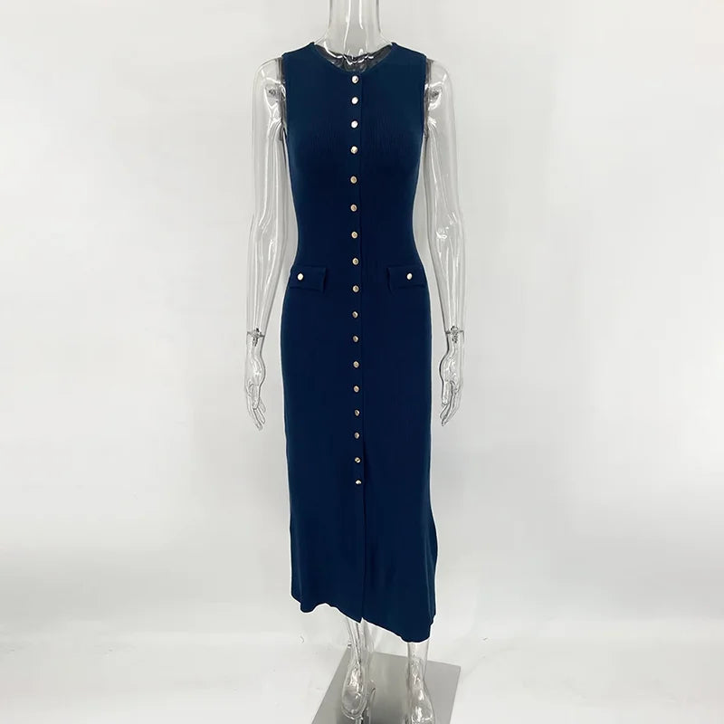 Elegant Sleeveless Single-Breasted Ribbed Knitwear Long Dress For Women High Waist Bodycon Knitted Fake Pocket Dress New