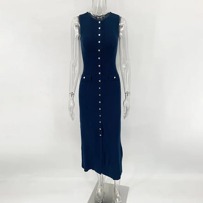 Elegant Sleeveless Single-Breasted Ribbed Knitwear Long Dress For Women High Waist Bodycon Knitted Fake Pocket Dress New