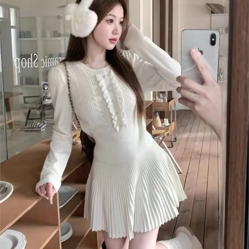 Conjuntos de punto de 2 piezas estilo preppy de otoño para mujer, top de manga larga con cuello redondo y minifalda plisada, moda coreana, trajes casuales, nuevo traje