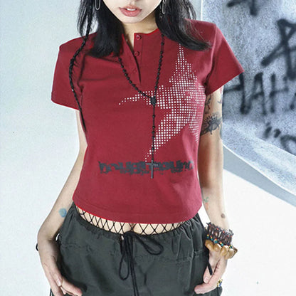 Top corto Harajuku estilo japonés con estampado de estrellas, cuello redondo, manga corta, camiseta gráfica Y2K, ropa de calle para mujer