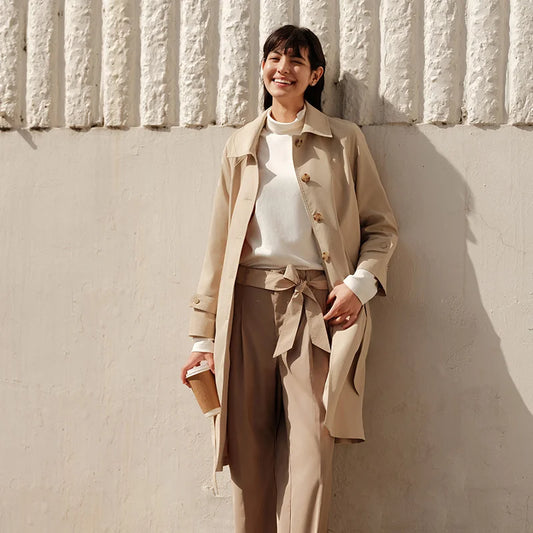 Trench Coat Women Long Waist Raglan Sleeve Lapel  New Spring Loose Triple Protection Literary Khaki Coat