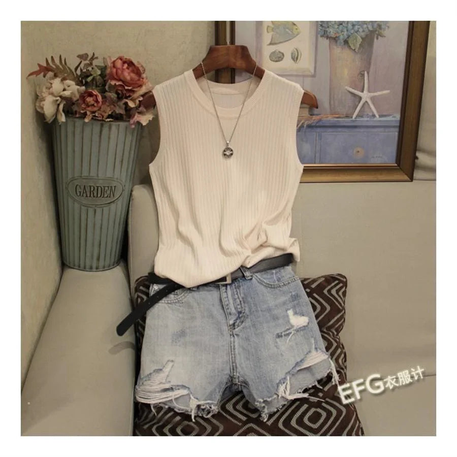 Blusa de verano sin mangas para mujer, blusa de punto con cuello redondo, ropa para mujer, tops para mujer DF4903