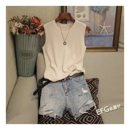 Blusa de verano sin mangas para mujer, blusa de punto con cuello redondo, ropa para mujer, tops para mujer DF4903