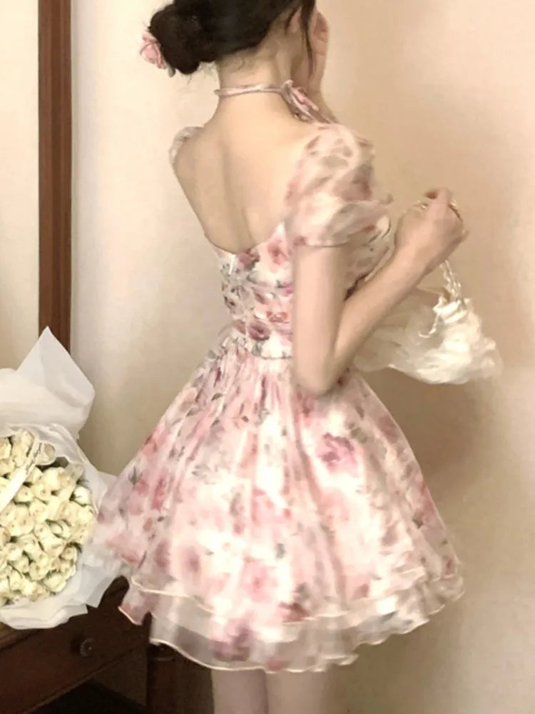 Elegante vestido corto floral de princesa para mujer, Y2K, con mangas abullonadas, espalda descubierta, estampado con volantes, corte en A, moda coreana, vestido de una pieza