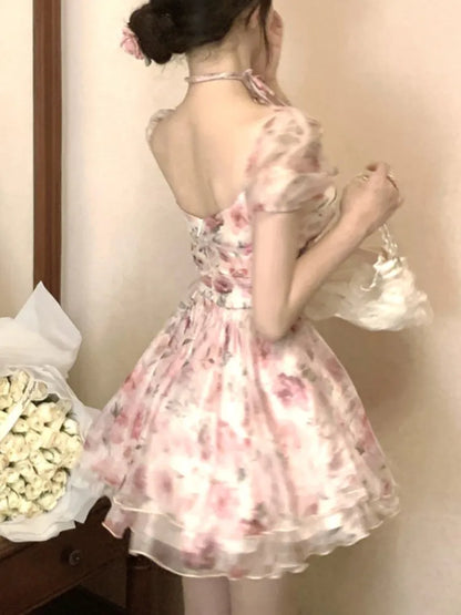 Elegante vestido corto floral de princesa para mujer, Y2K, con mangas abullonadas, espalda descubierta, estampado con volantes, corte en A, moda coreana, vestido de una pieza