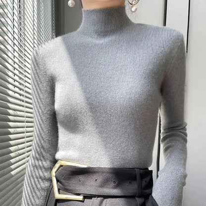 Suéter liso para mujer, jersey de punto de cuello alto medio, estilo Harajuku coreano, tejido grueso, moda de otoño e invierno, jerséis ajustados