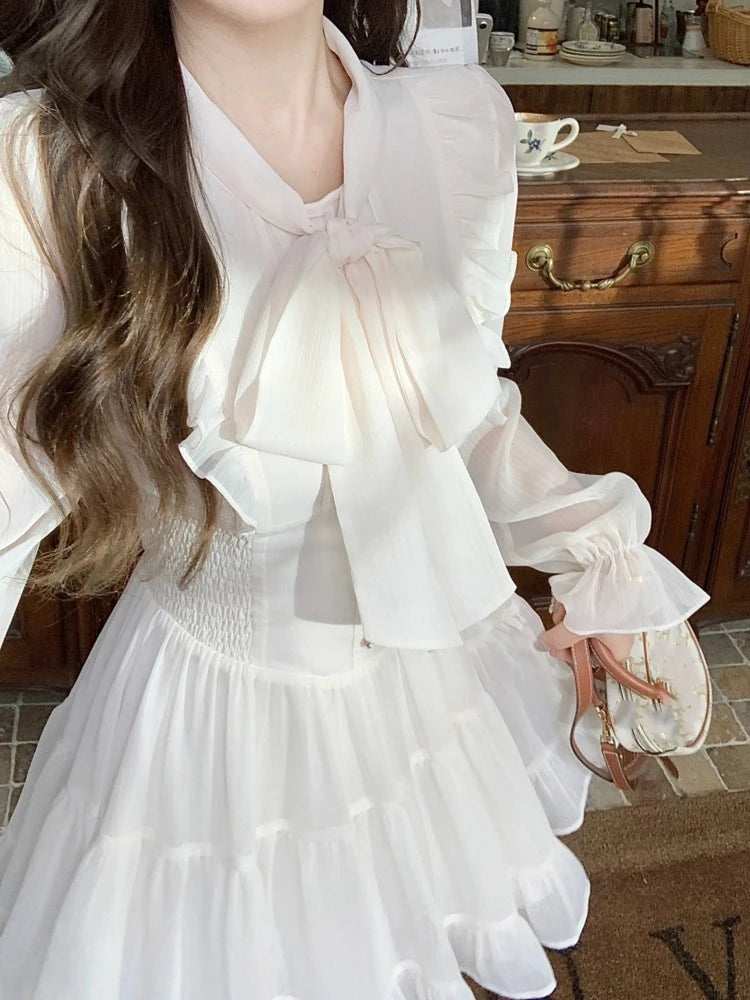 Elegante vestido corto de gasa para mujer, con mangas acampanadas y volantes, corte A, para fiesta de cumpleaños, moda coreana, vestido de una pieza, nuevo
