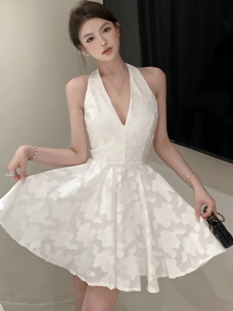 Y2K - Vestidos cortos con cuello en V y espalda descubierta para mujer, Jacquard, sin mangas, corte A, para fiesta de cumpleaños, graduación, minivestidos para mujer, nuevo
