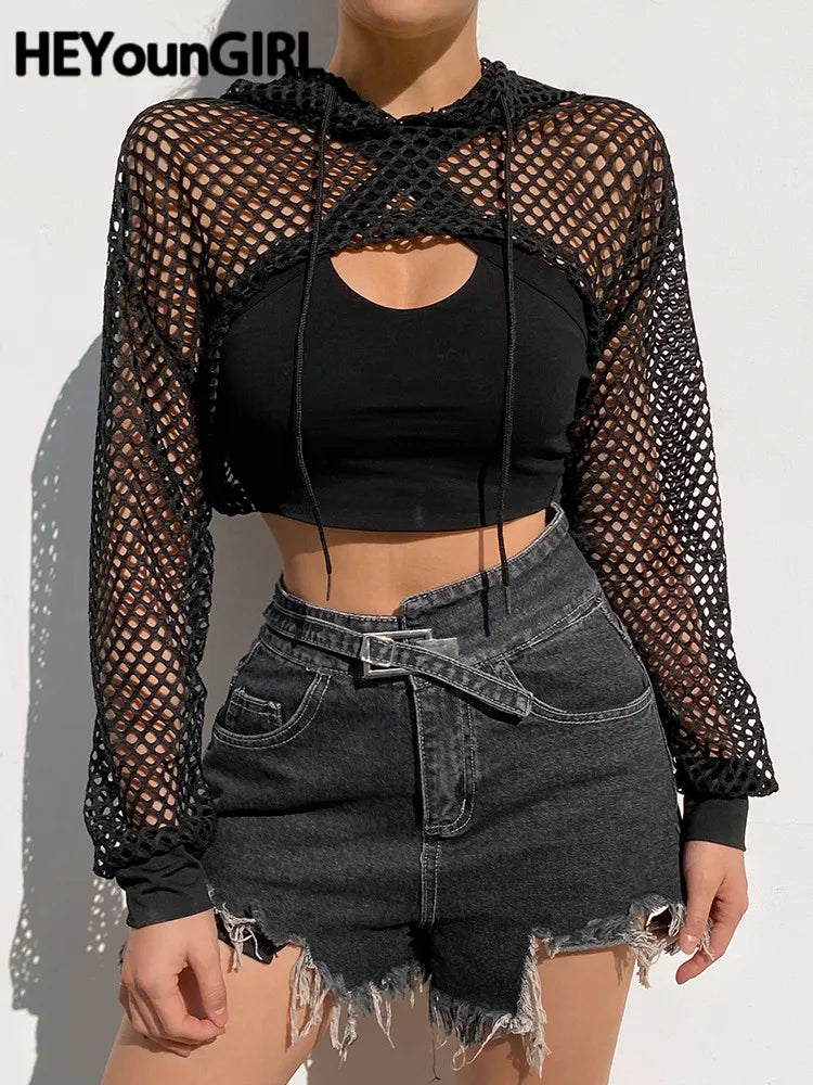 Summer Mesh Sexy T Shirt Women Hollow Out Smocked Crop Tops Long Sleeve Hoodies Tees Shirt Fishnet T-shirt Ladies