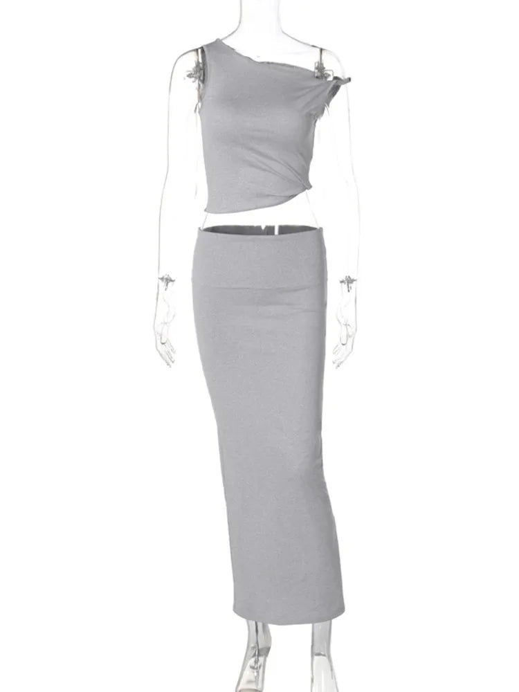 Off-shoulder Vest 2-piece Skirt Suit Women’s Summer Solid Color Slim Sleeveless Slit Long Skirt Suit Women’s 2-piece Suit