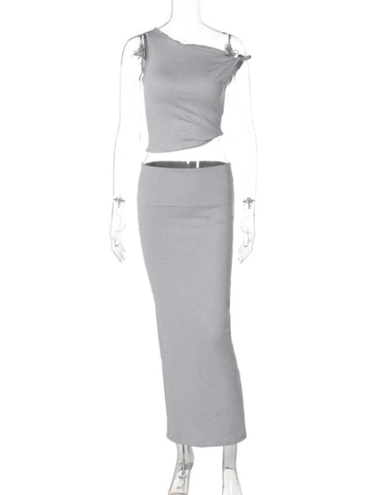 Off-shoulder Vest 2-piece Skirt Suit Women’s Summer Solid Color Slim Sleeveless Slit Long Skirt Suit Women’s 2-piece Suit