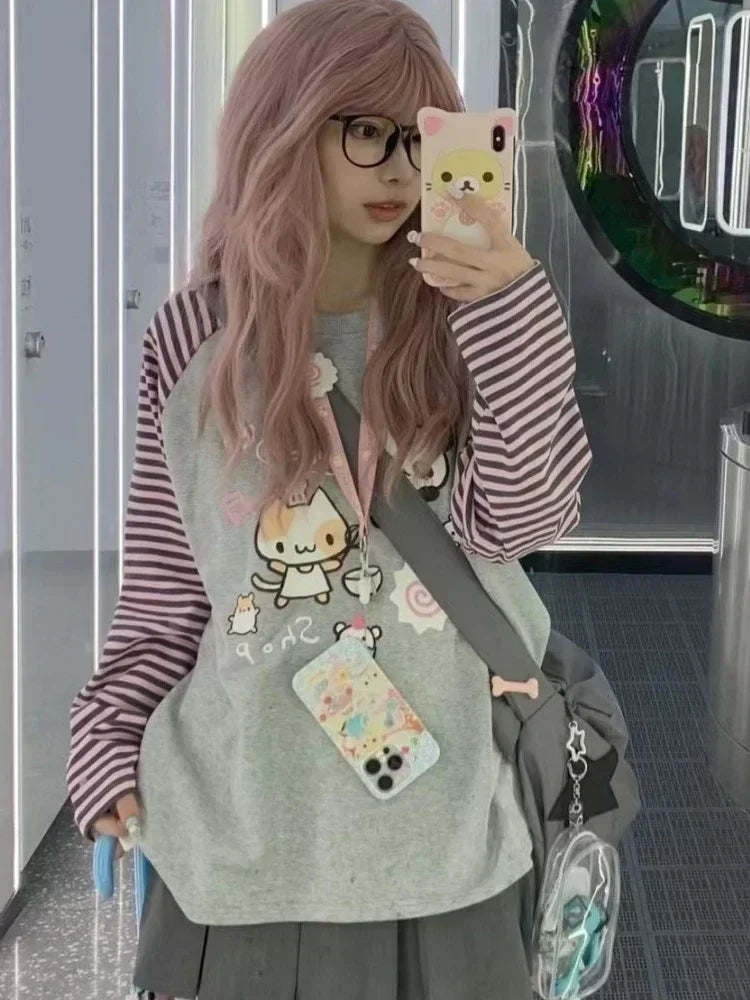 Camiseta de rayas Harajuku para mujer, camisetas con gráficos de panda chino kawaii, ropa de manga raglán de dibujos animados Cutecore para otoño