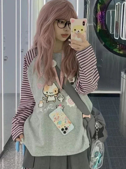 Camiseta de rayas Harajuku para mujer, camisetas con gráficos de panda chino kawaii, ropa de manga raglán de dibujos animados Cutecore para otoño