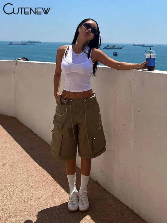 Y2K - Camiseta sin mangas con tirantes y retazos para mujer, camisola de verano, chaleco ajustado sin mangas, ropa de calle informal lisa para mujer