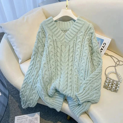 Suéter Harajuku para mujer, moda de gran tamaño, rosa, cuello en V, suéteres de punto coreanos de manga larga, suéteres casuales de invierno