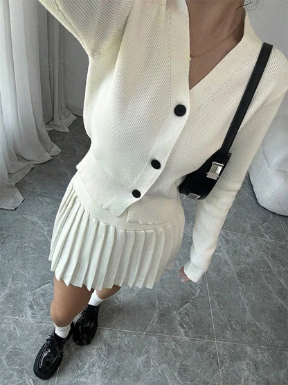 Vintage Female Knit 2 Piece-Set Pleated Skirts Casual Ribbed Cardigan Sweater And Skirt Sets Female Knitwear Outfits