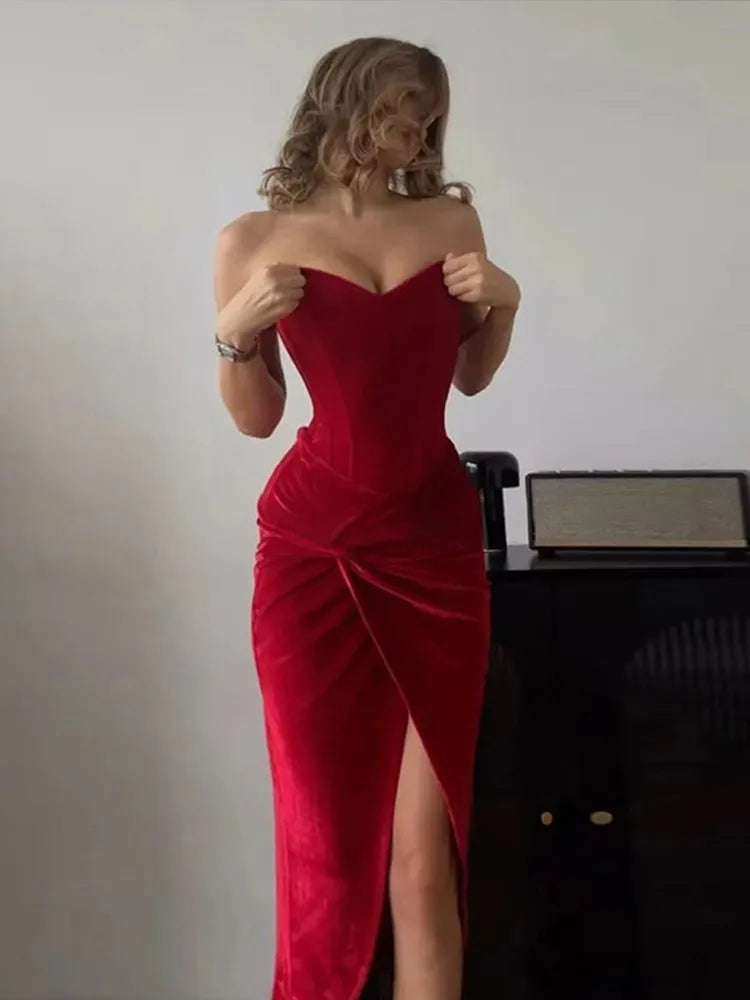 Sexy Velvet Solid Tube Long Dresses Women Vintage Slim Knot Slit Evening Dress Female Spring Elegant Chic Street Party Vestidos