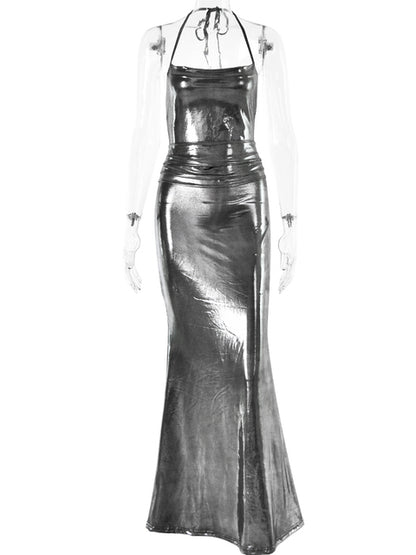 Sexy Sleeveless Metal Dress For Women Elegant Backless Evening Dress Maxi Bodycon Vestidos Fashion Party Clubwear