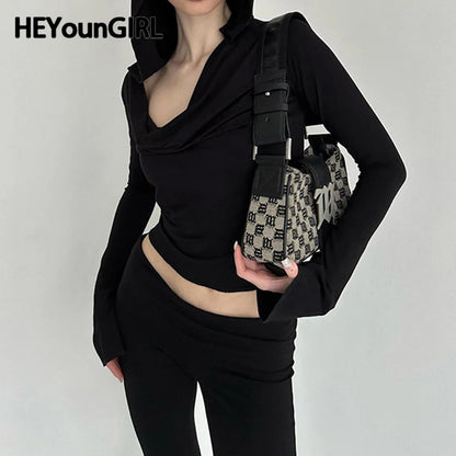 Top corto básico ajustado con capucha y manga larga elástica para mujer, camiseta informal negra, sudadera con capucha y cuello alto