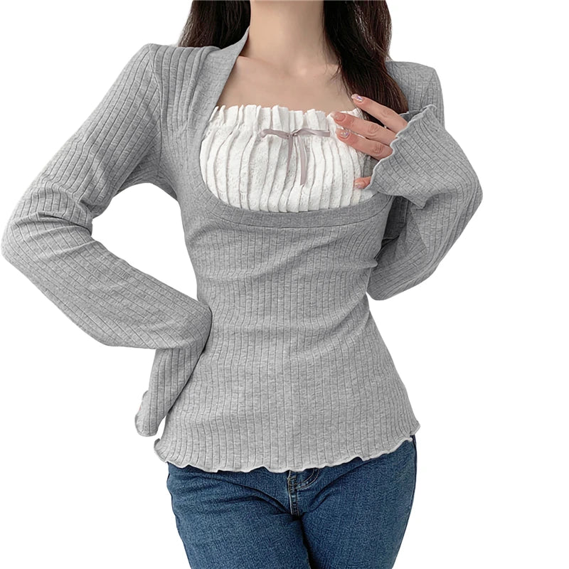 Elegante camiseta de cuello cuadrado para mujer, ropa kawaii, camisetas de manga larga acanaladas con estampado de hadas grunge, camisetas Y2K de los años 2000, ropa de calle para mujer