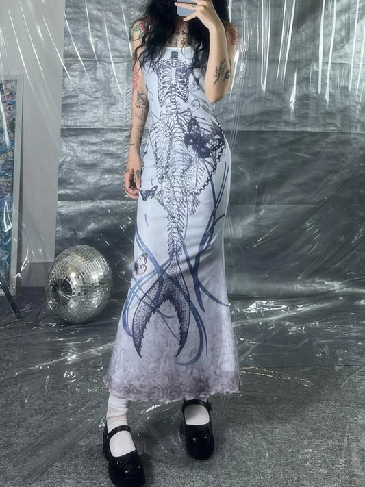 Print Goth Y2K Spaghetti Straps Dress Women Aesthetic Mermaid Summer Dresses