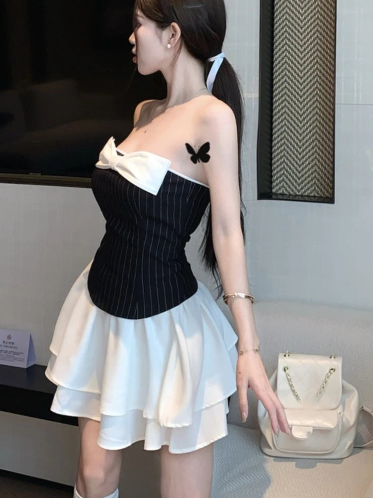 Vestidos cortos sexis de retazos a rayas para mujer, sin tirantes, con capas, volantes, corte A, con lazo, para fiesta de cumpleaños, moda coreana.