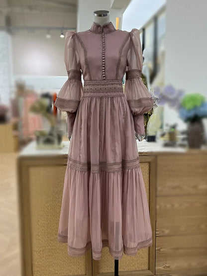 Elegante vestido largo estilo hada, cuello alto, mangas farol, cintura ajustada, moda para mujer, primavera otoño 2025, 1351