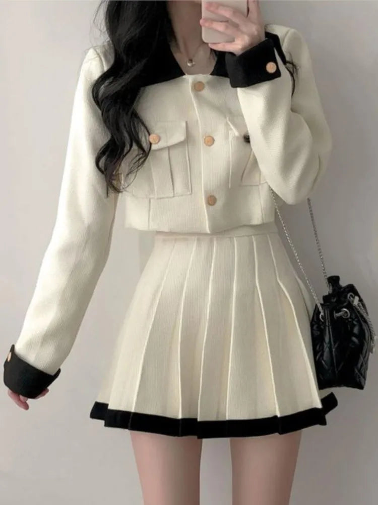 Conjuntos de falda elegante coreana de dos piezas con patchwork, mangas largas, top corto, cintura alta, minifalda plisada, otoño invierno Y2K, nuevos conjuntos
