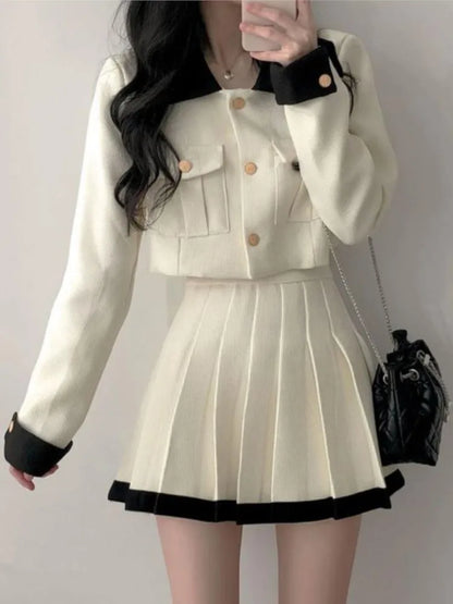 Conjuntos de falda elegante coreana de dos piezas con patchwork, mangas largas, top corto, cintura alta, minifalda plisada, otoño invierno Y2K, nuevos conjuntos