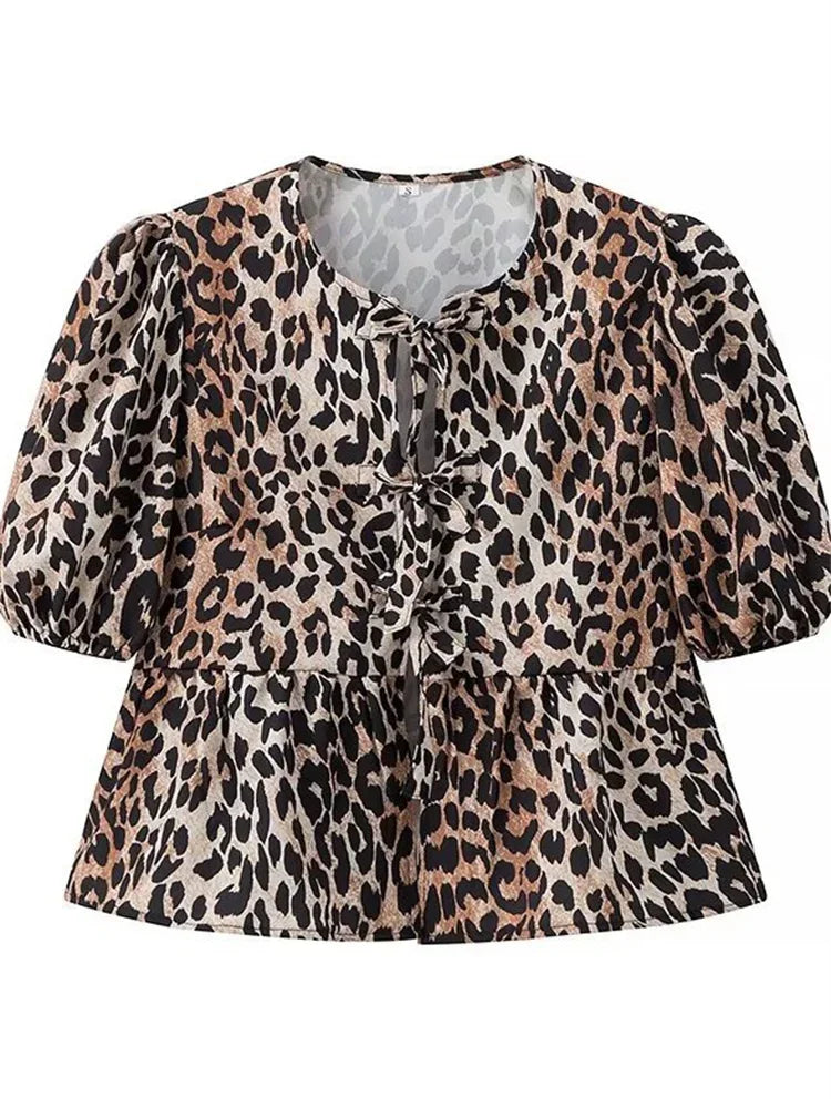 Camisetas con estampado de leopardo para mujer, blusas informales de manga corta con contraste, con cordones, ajustadas, estilo Y2k, camisetas de otoño tipo vendaje