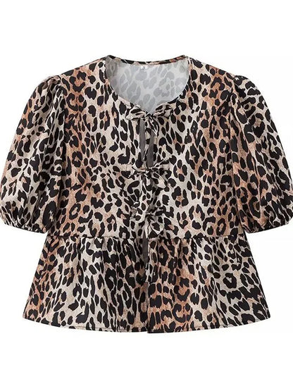 Camisetas con estampado de leopardo para mujer, blusas informales de manga corta con contraste, con cordones, ajustadas, estilo Y2k, camisetas de otoño tipo vendaje