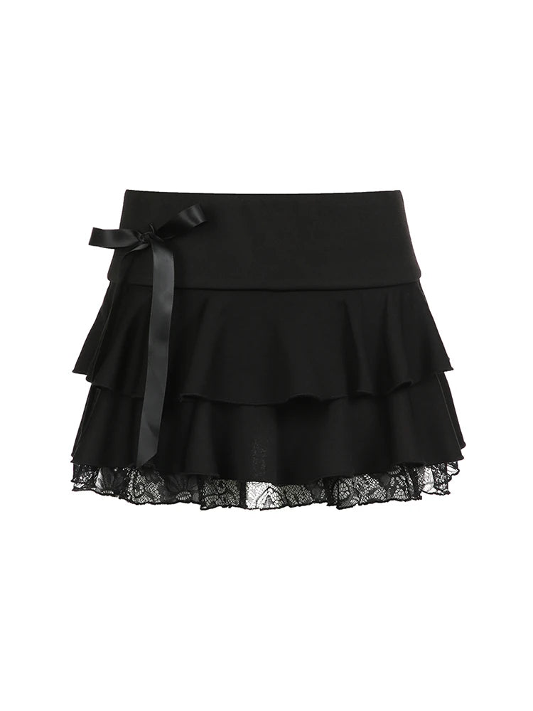 Minifalda gótica Y2K con lazo y ribete de encaje negro para mujer, ropa de calle coreana