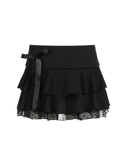 Minifalda gótica Y2K con lazo y ribete de encaje negro para mujer, ropa de calle coreana