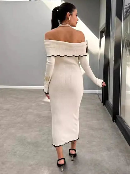 Fall Winter Sexy One-Shoulder Long Knit Dress Slim Elegant Fungus Splice Contrast Color Sweater Female Club Party Dresses
