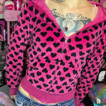 Chaqueta de terciopelo con estampado de corazón Y2K con capucha, estilo dulce rosa, abrigo de otoño con cremallera y bolsillo, ropa de abrigo ajustada retro bonita para invierno