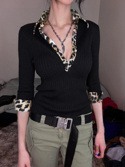 Blusas de manga larga con botones y cuello vuelto de leopardo para mujer, nuevas camisetas básicas y elegantes de punto para otoño