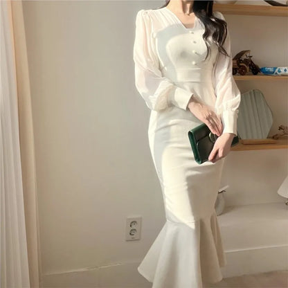 Vestidos midi ajustados de moda coreana para mujer, vestido de fiesta de sirena de oficina con cola de pez y manga larga de retazos de malla
