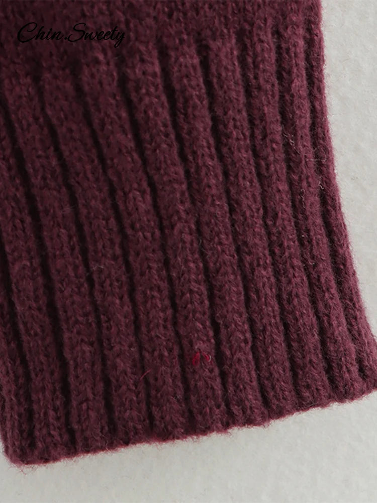 Suéter elegante burdeos con hombros descubiertos para mujer, jersey de punto de manga larga ajustado, prenda informal de punto de calle de primavera 2025