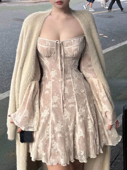 Minivestido de encaje francés sexy para mujer, Y2K, con hombros descubiertos, encaje, volantes, corte en A, otoño, primavera, manga larga, vestido de fiesta, vestidos de graduación