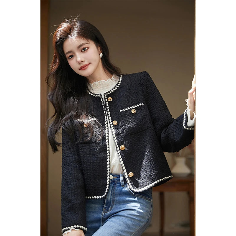 Chaqueta de tweed corta vintage para mujer, abrigo acolchado negro, elegante blazer de invierno para mujer, abrigo grueso de un solo pecho.
