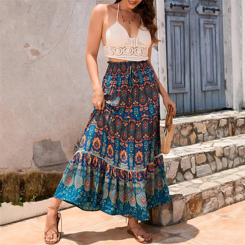 Bohemian Skirt Women Beach Clothes Geometrical Print Elastic High Waist A Line Flowy Swing Skirt Party Skirts Beachwear